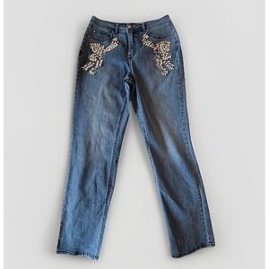 Caché Women's Vintage Straight Leg Jeans Rhinestone Embellishment Sz 30 Y2K Glam
